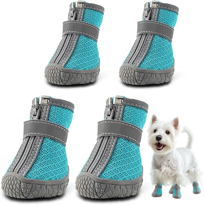 Dog Shoes for Small Dogs, Breathable Dog Boots Paw Protector for Hot Pavement Winter Snow, Dog Booties with Reflective Strips Rugged Anti-Slip Sole for Hardwood Floors Outdoor Walking Blue Size 1