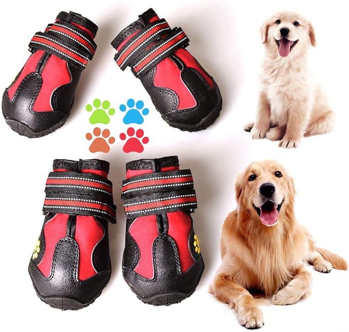 Dog Boots for Dogs Non-Slip, Waterproof Dog Booties for Outdoor, Dog Shoes for Medium to Large Dogs 4Pcs with Rugged Sole Black-Red